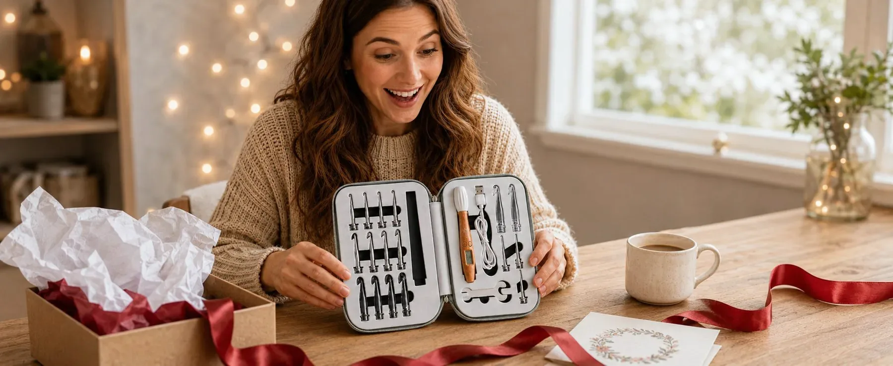 Woman smiling as she opens the LineaCraft hook set from a gift box with red ribbon