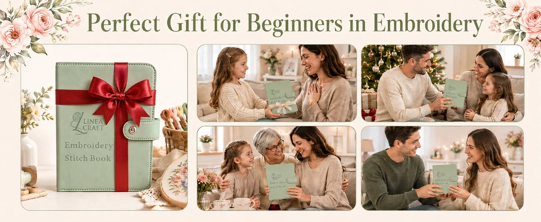 The Stitch Book tied with a red ribbon, and families giving it as a present