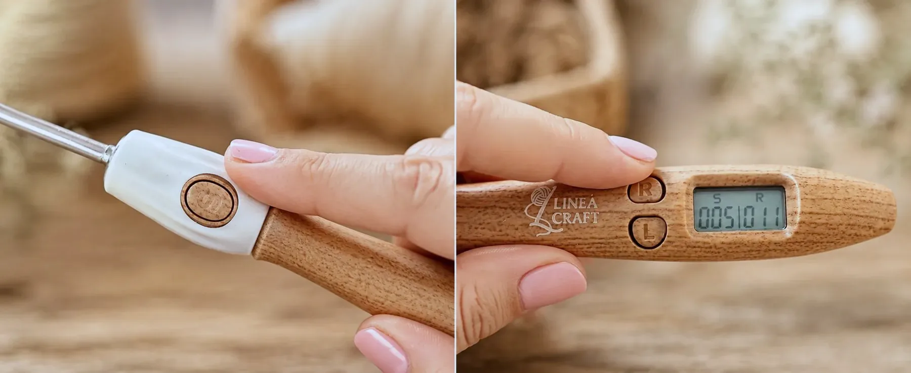 Left: a fingertip on the S button by the hook. Right: the R and L buttons beside the LCD showing 005 stitches and 011 rows