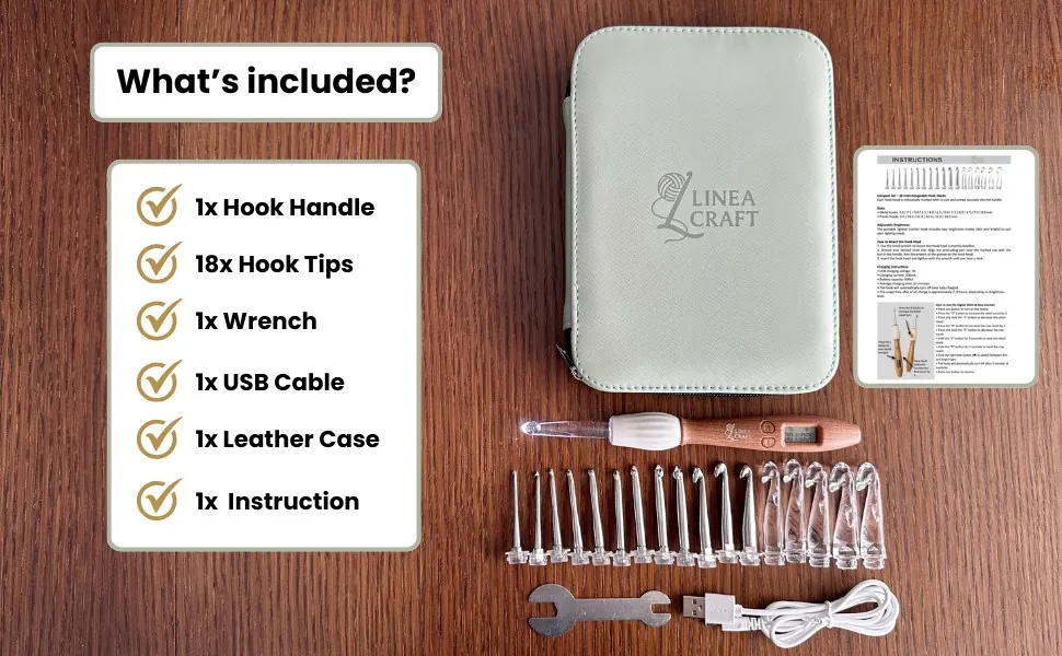 Everything included: hook handle, 18 hook tips, wrench, USB cable, vegan-leather case and instruction manual