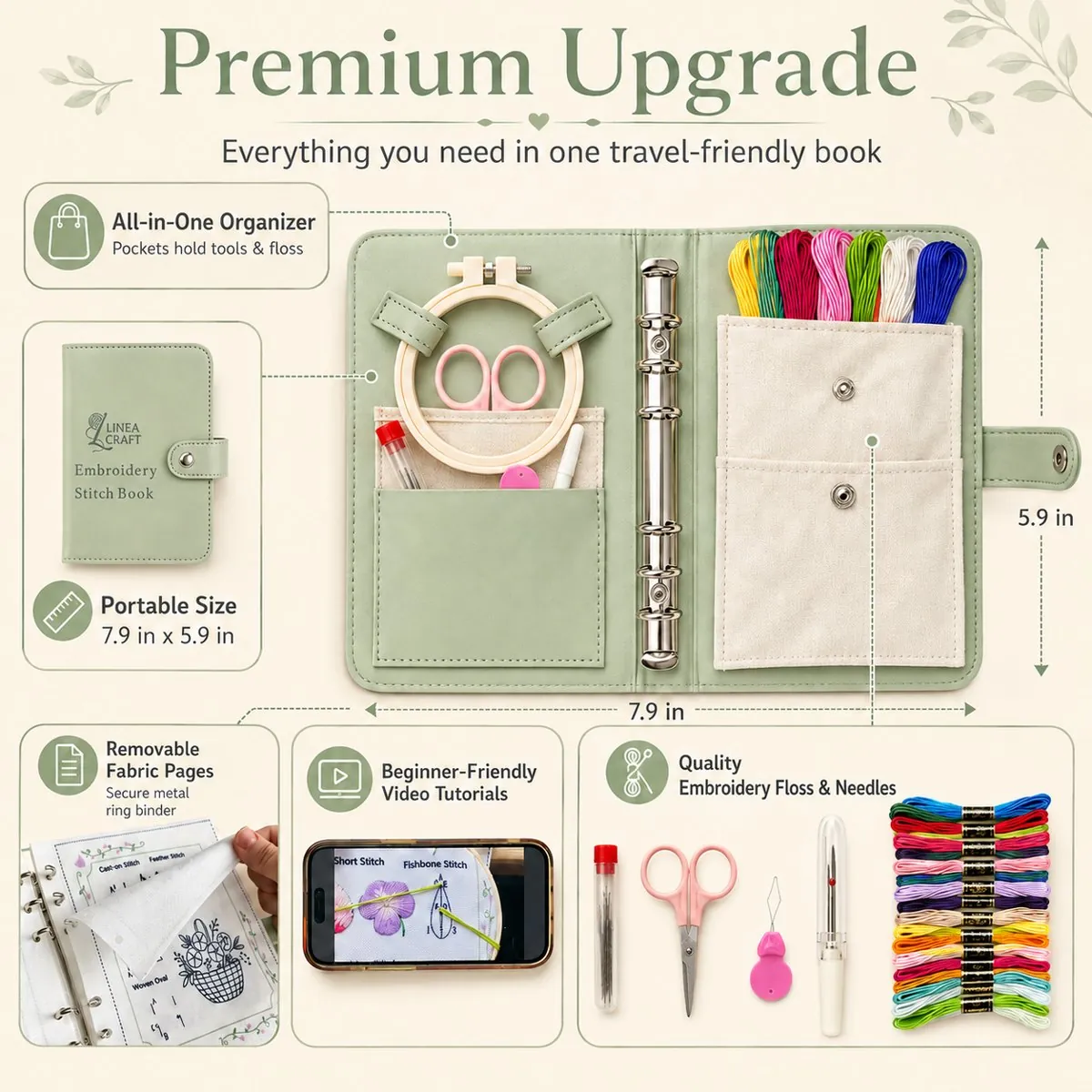 Everything included in one travel-friendly book: organizer pockets, hoop, scissors, floss, needles, removable pages and video tutorials