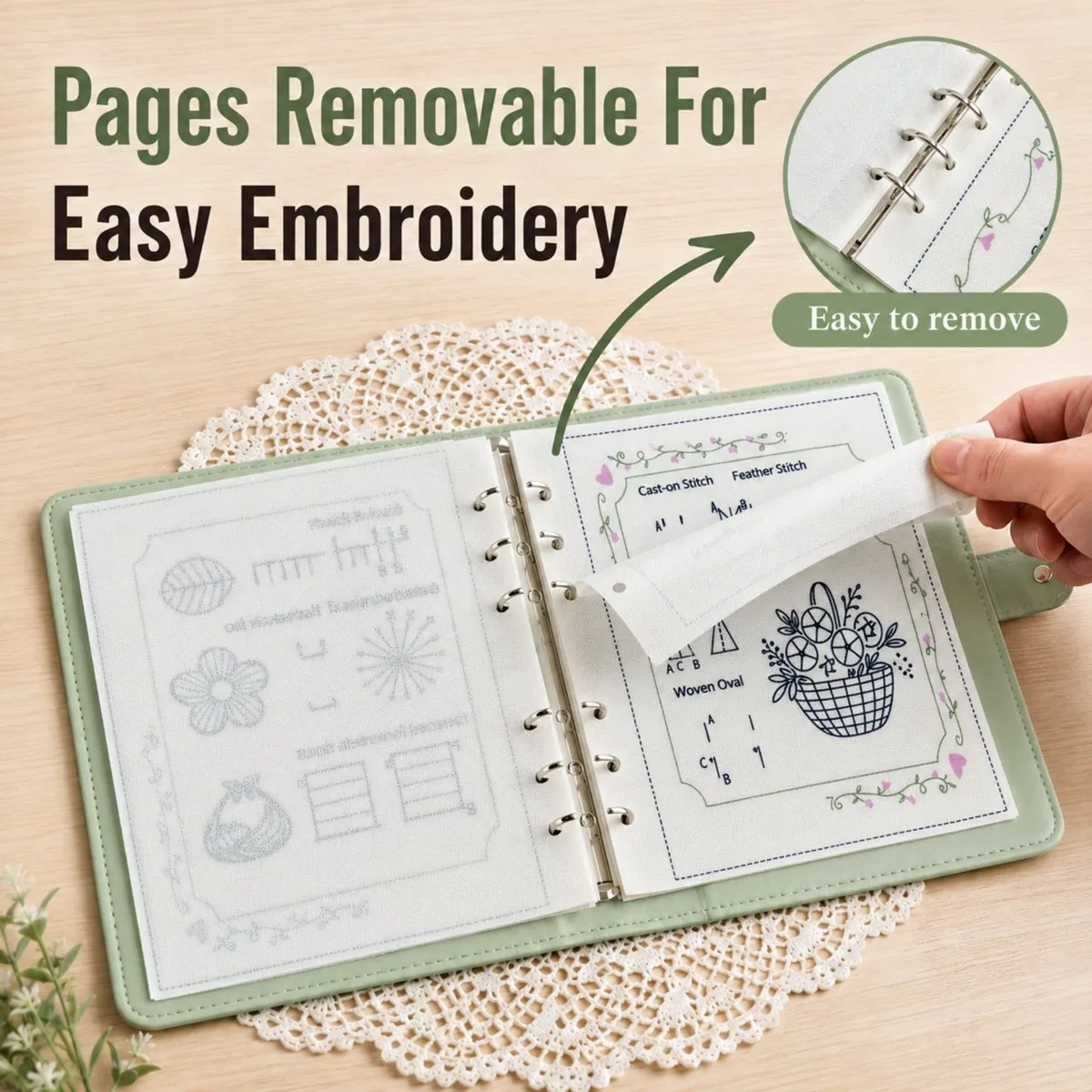 A hand lifting a linen page off the binder rings