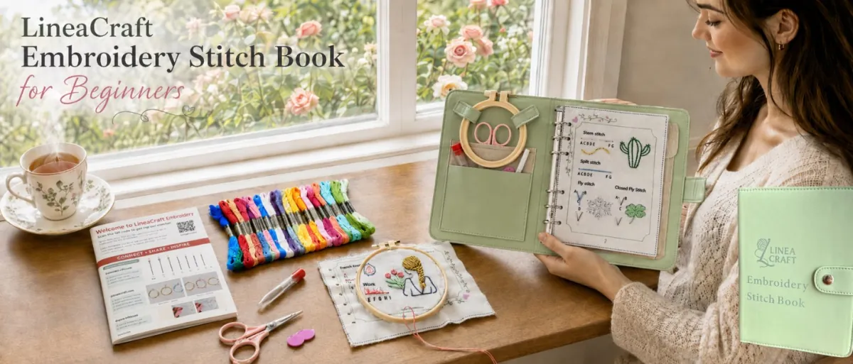 LineaCraft Embroidery Stitch Book for beginners: the open book, floss, hoop, tools and instruction booklet on a table by the window