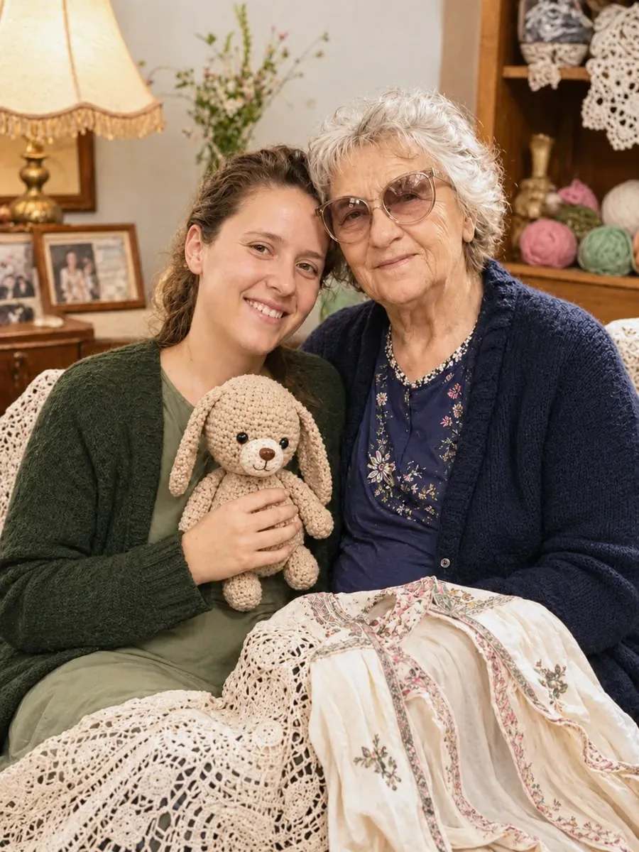 Diana with her grandmother, surrounded by crochet and embroidered heirlooms