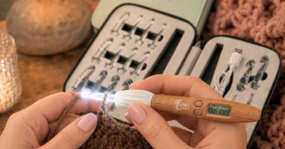 Hands crocheting brown yarn with a LineaCraft counting hook, its clear tip lit, beside the open case of hook tips