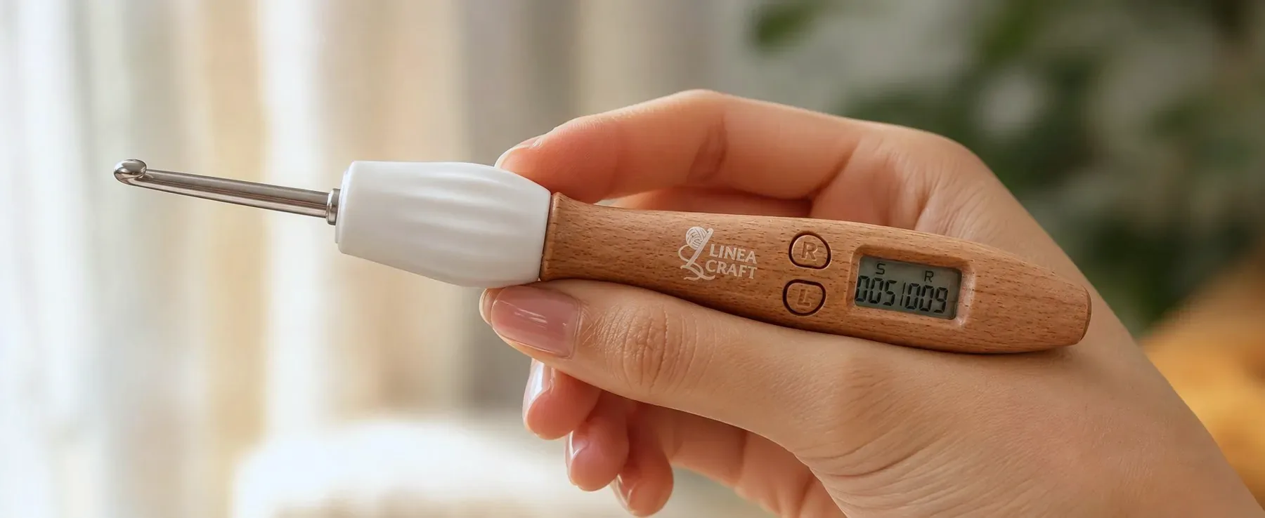 Hand holding the counting hook, its wood-style handle resting comfortably in the palm