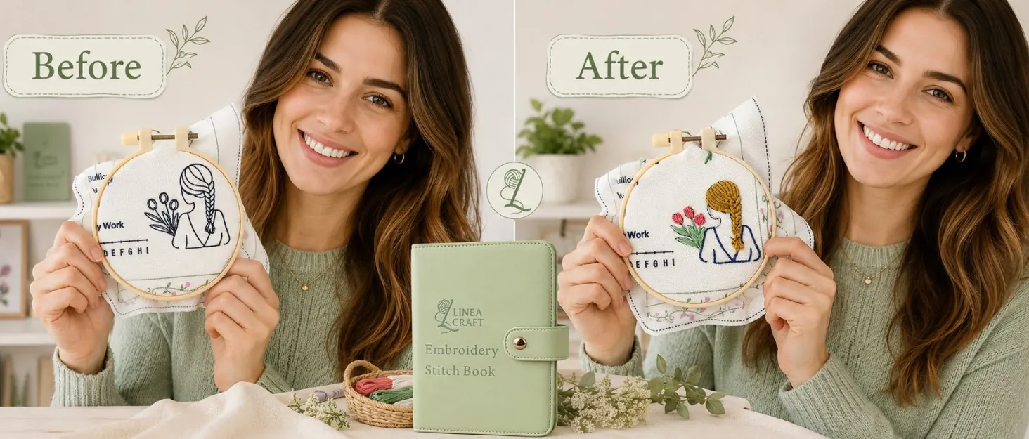 Before and after: a hooped page with a printed outline of a girl and tulips, then the same page fully stitched in color