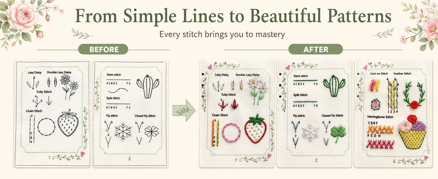Printed stitch pages before stitching, and the same pages fully stitched after