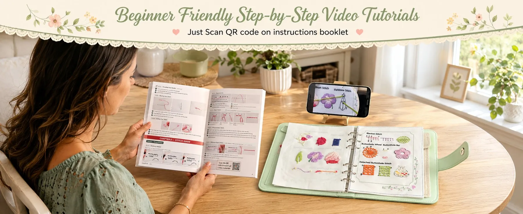 A woman reading the instruction booklet while a phone plays a stitch video next to the open Embroidery Stitch Book