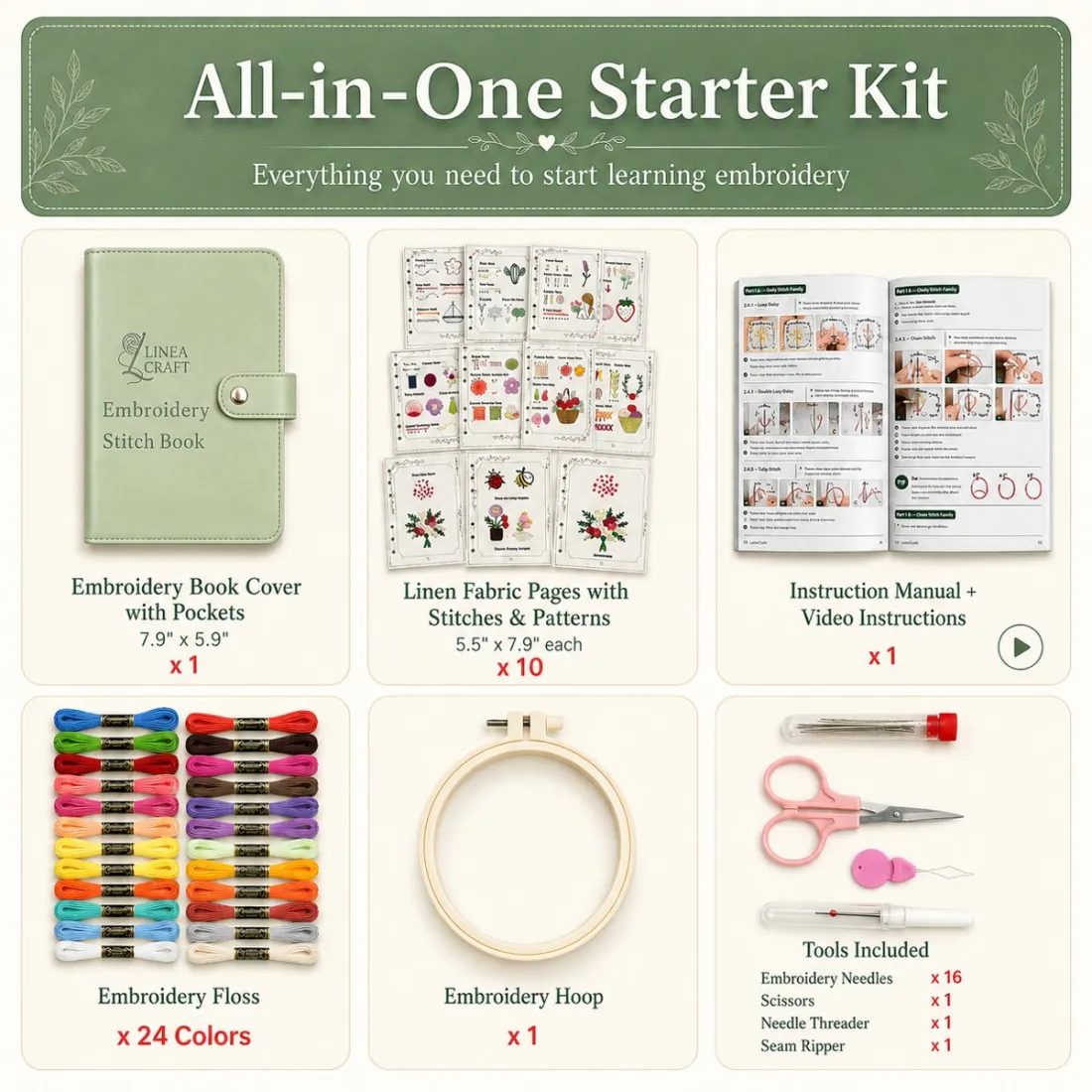 All-in-one starter kit: book cover, 10 linen pages, instruction manual, 24 floss colors, hoop and tools